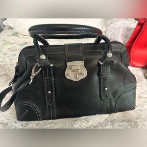 Black leather satchel with shoulder strap